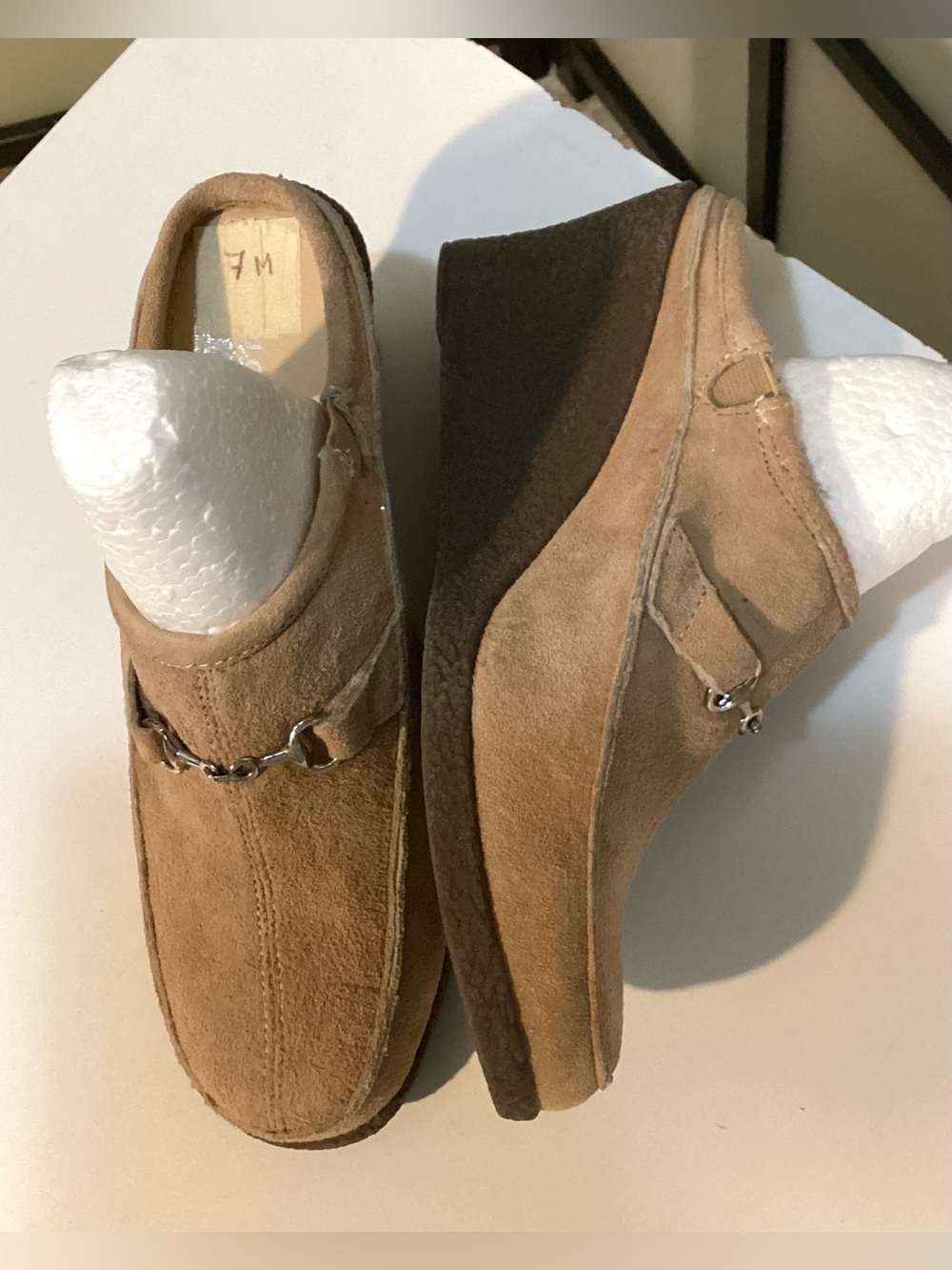 Bijou tan suede slip on clog mules, leather upper. Size 7 M